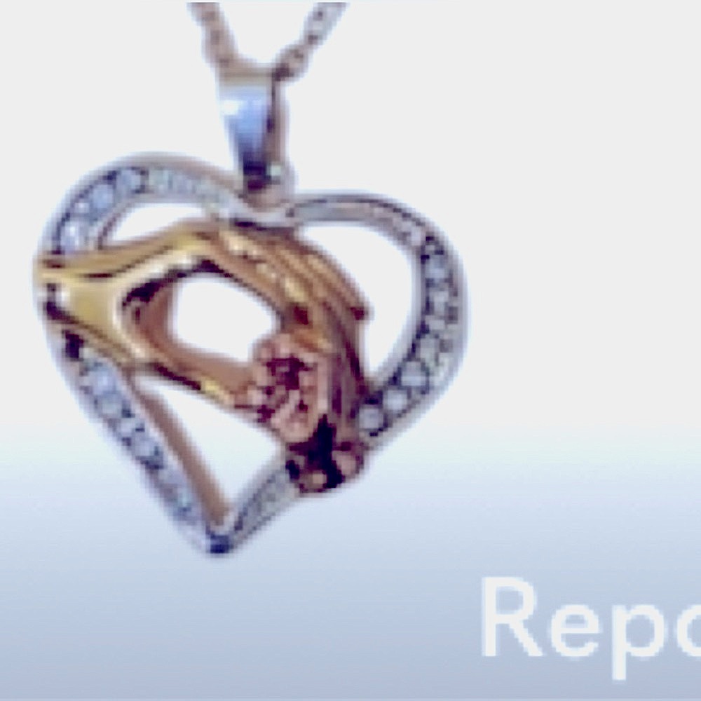 MOTHER AND CHILD HANDS STERLING SILVER NECKLACE TWO-TONE PENDANT W/RHINESTONES